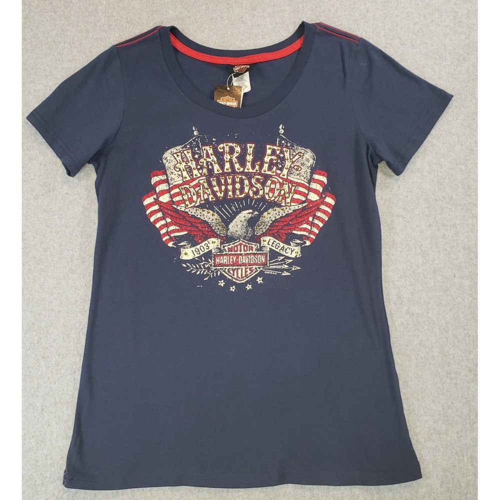 Harley-Davidson Womens Legacy T-Shirt Sz M Blue Studs Rhinestones Eagle Flag NEW